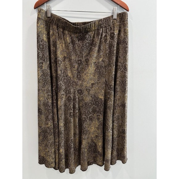 Chico's 3 Sz XL Brown Gold Damask Print Midi Skirt Elastic Waist Fall Boho Artsy - Picture 2 of 9